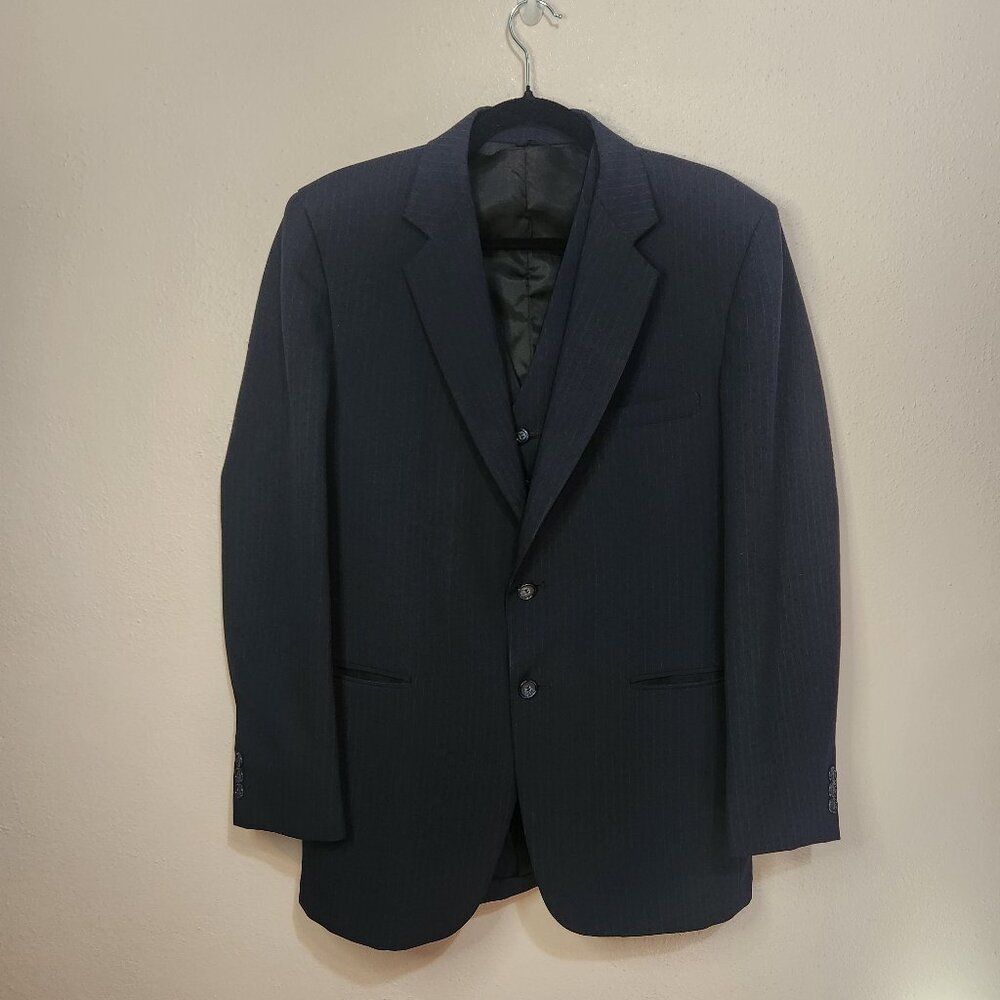 Men's Suit Blue Pinstripe Jacket and Vest Size 40R Made in the USA - Picture 2 of 12